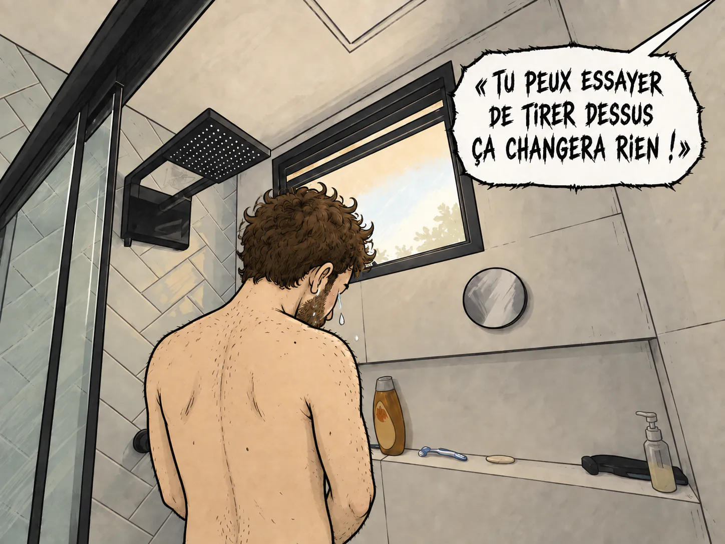 David pleure de dos dans une salle de bain, avec une bulle de parole inquiétante venant de l'extérieur du cadre en haut à droite.