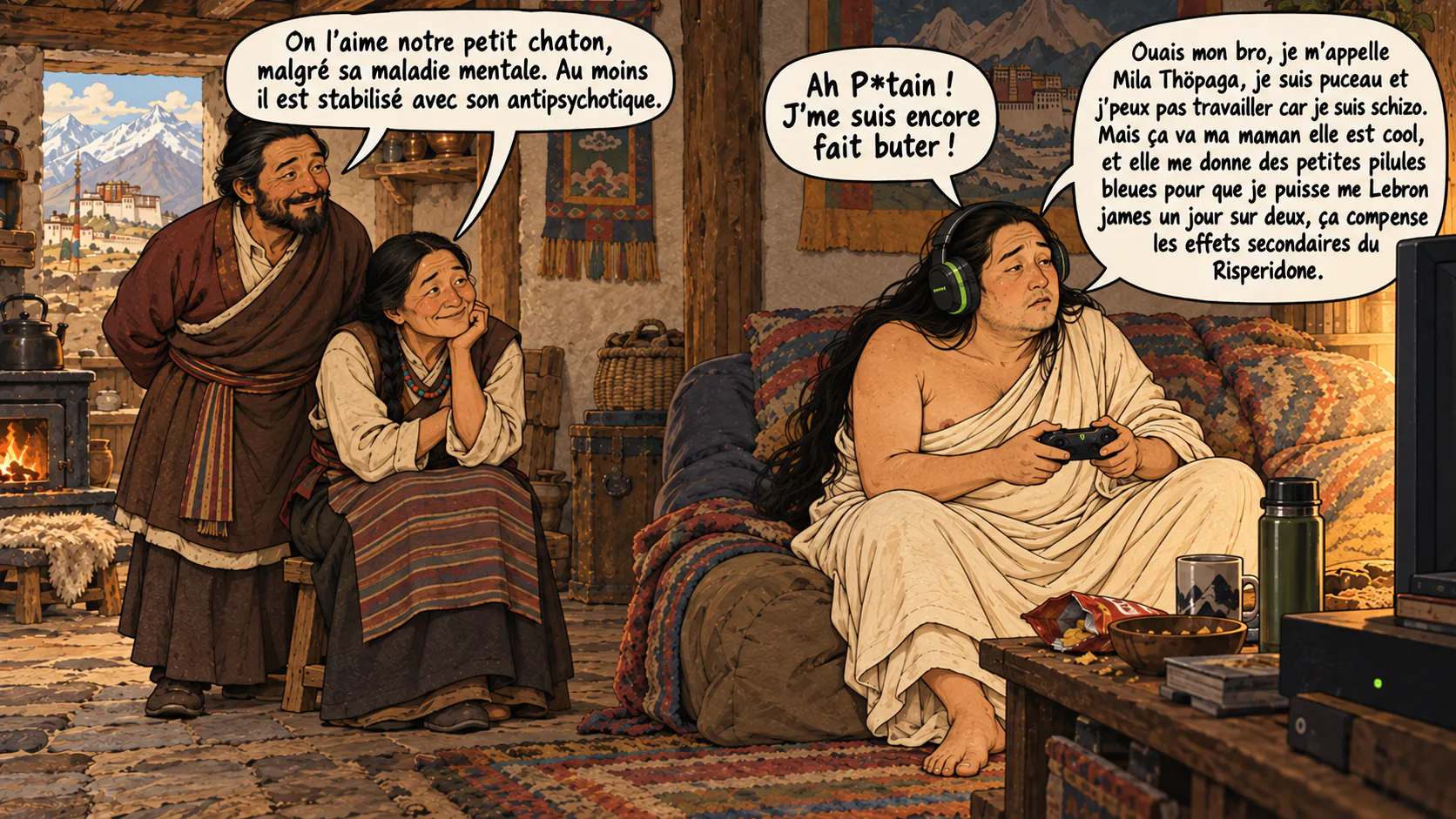 Yogi Milarepa, plus corpulent et pâle, joue à la console devant une télévision avec un casque de gamer, tandis que ses parents souriants l'observent.