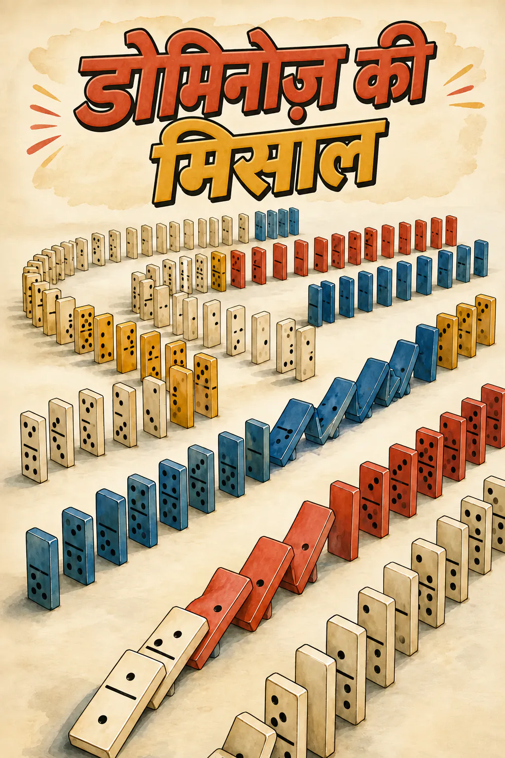 क्रीम बैकग्राउंड पर खड़े कई कतारों में डोमिनो, और सामने की तरफ़ एक चेन रिएक्शन उन्हें गिरा रही है। ऊपर पेंट किया हुआ टाइटल है, « L'analogie des dominos »