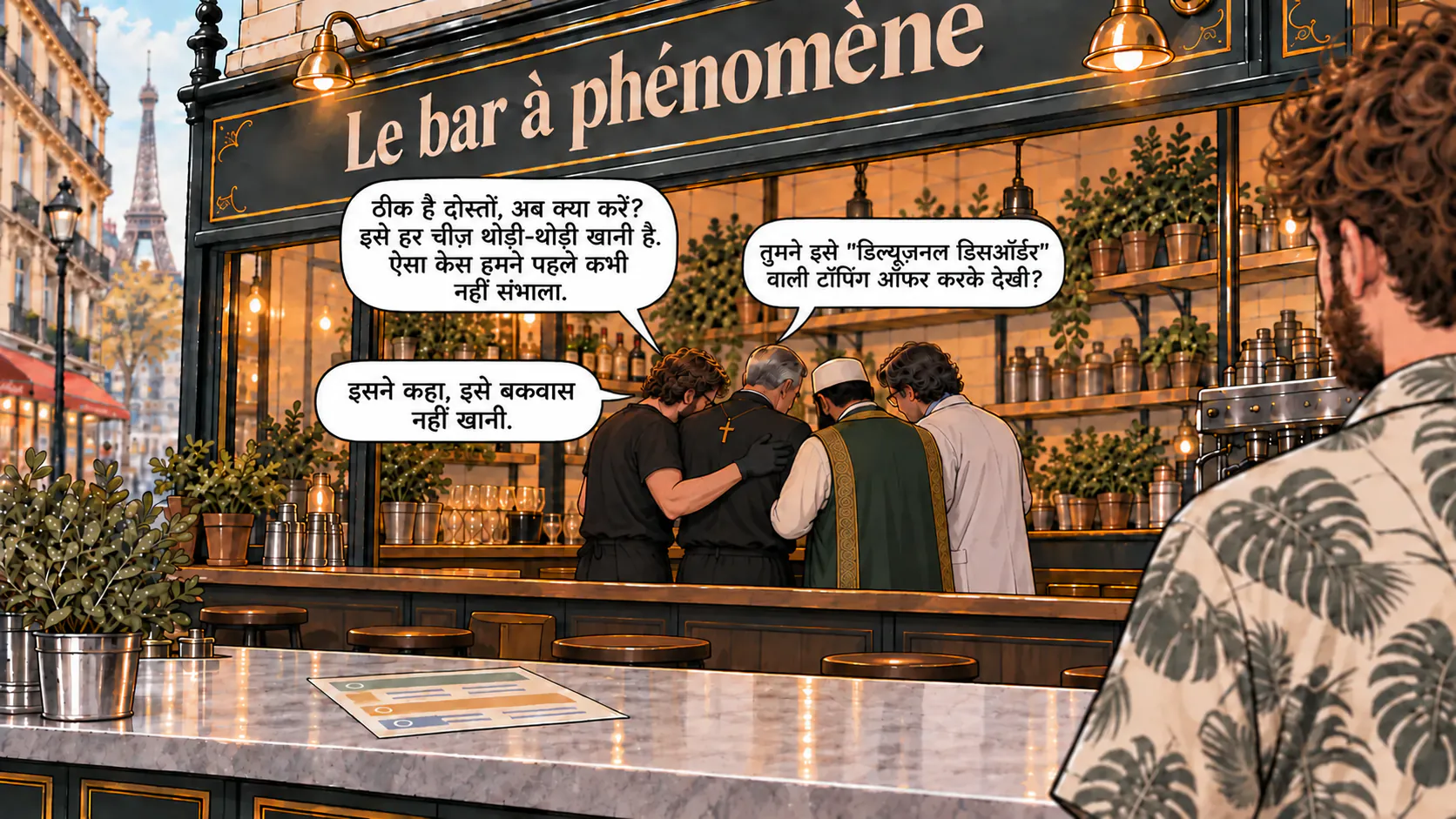 Le bar à phénomène के कर्मचारी दुकान के पीछे चुपचाप आपस में सलाह कर रहे हैं