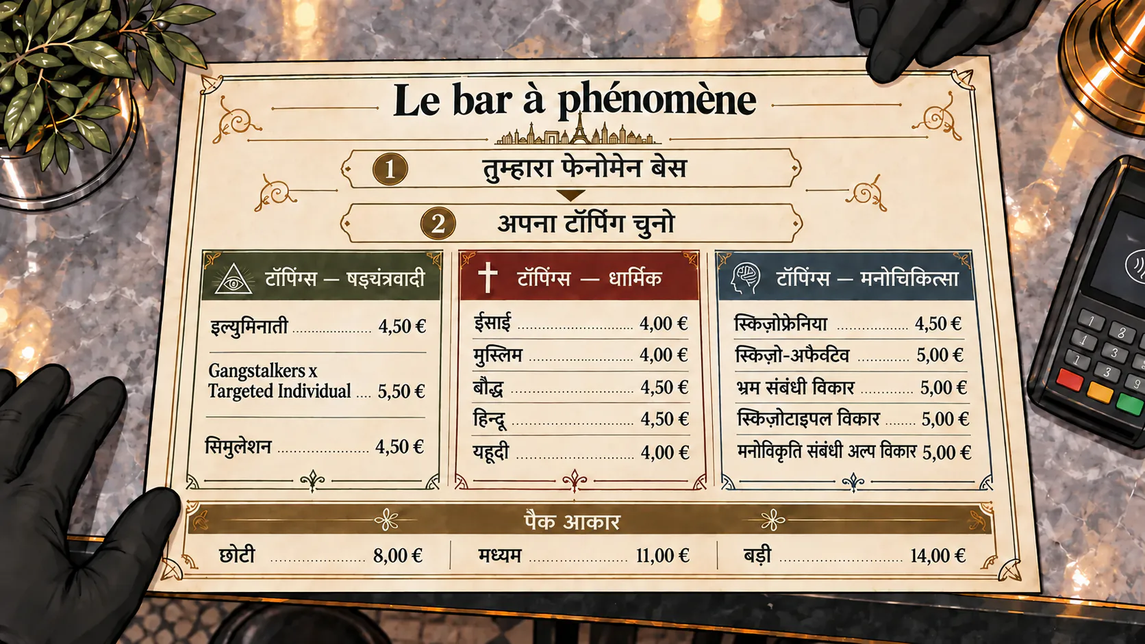 ऊपर से दिखता Le bar à phénomène का मेन्यू, जिसमें टॉपिंग्स की कैटेगरीज़ और उनके प्राइसेज़ हैं