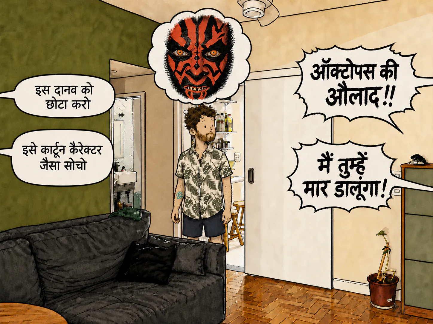 लिविंग रूम का एक ड्रॉ किया हुआ इलस्ट्रेशन, जिसमें गहरा रंग का सोफ़ा, हरी दीवार, सफ़ेद स्लाइडिंग दरवाज़ा और किचन की तरफ़ एक खुला हिस्सा है।