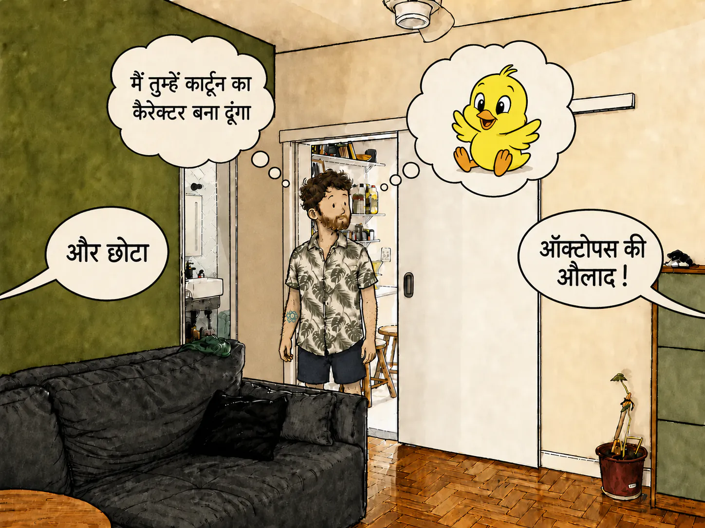 वही लिविंग रूम, जहाँ किरदार दरवाज़े की चौखट में खड़ा है। उसके आसपास तीन बुलबुले हैं: “मैं तुम्हें कार्टून के किरदार जितना छोटा कर दूँगा”, “और छोटा” और “FILS DE POULPE !”। उसके ऊपर एक थॉट बबल में अब सिर्फ़ एक छोटा पीला चूज़ा बचा है।