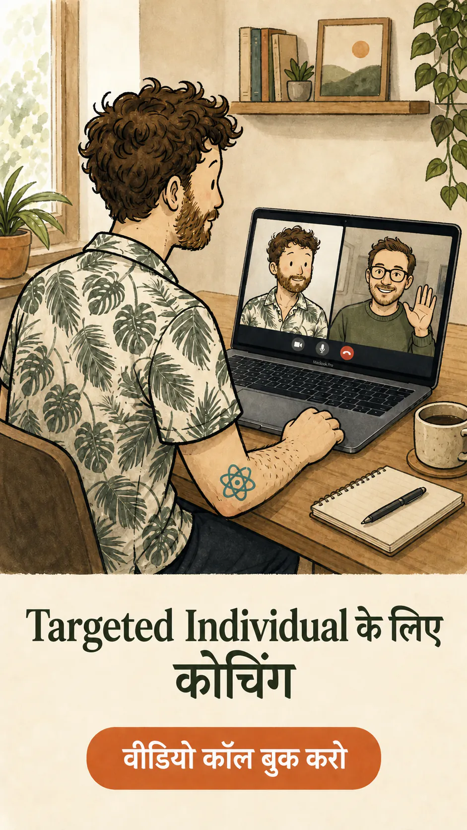 कोचिंग कार्ड: डेविड एक लैपटॉप के सामने पीठ करके विज़ियो पर बैठा है, और स्क्रीन पर दो चेहरे दिख रहे हैं। नीचे लिखा है « Targeted Individual के लिए कोचिंग » और call-to-action बटन में « अपनी विज़ियो बुक करो »।