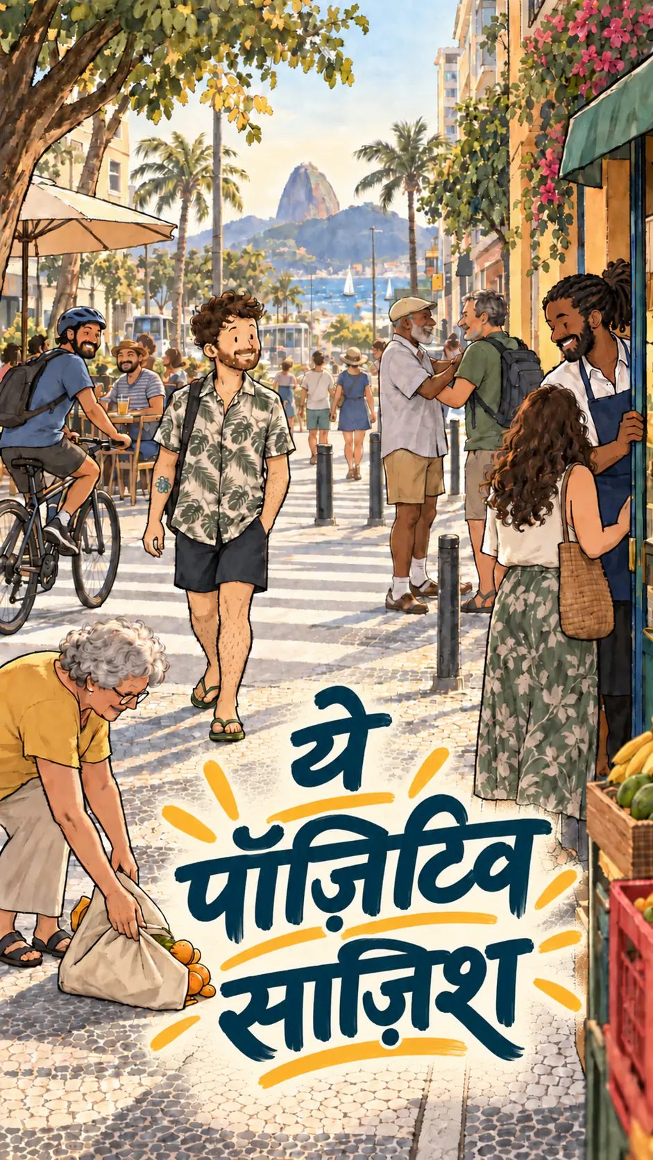 डेविड धूप वाली सड़क पर अकेला चल रहा है, जहाँ लोग मुस्कुरा रहे हैं और एक-दूसरे की मदद कर रहे हैं, नीचे टाइटल « पॉज़िटिव कांस्पिरेसी »