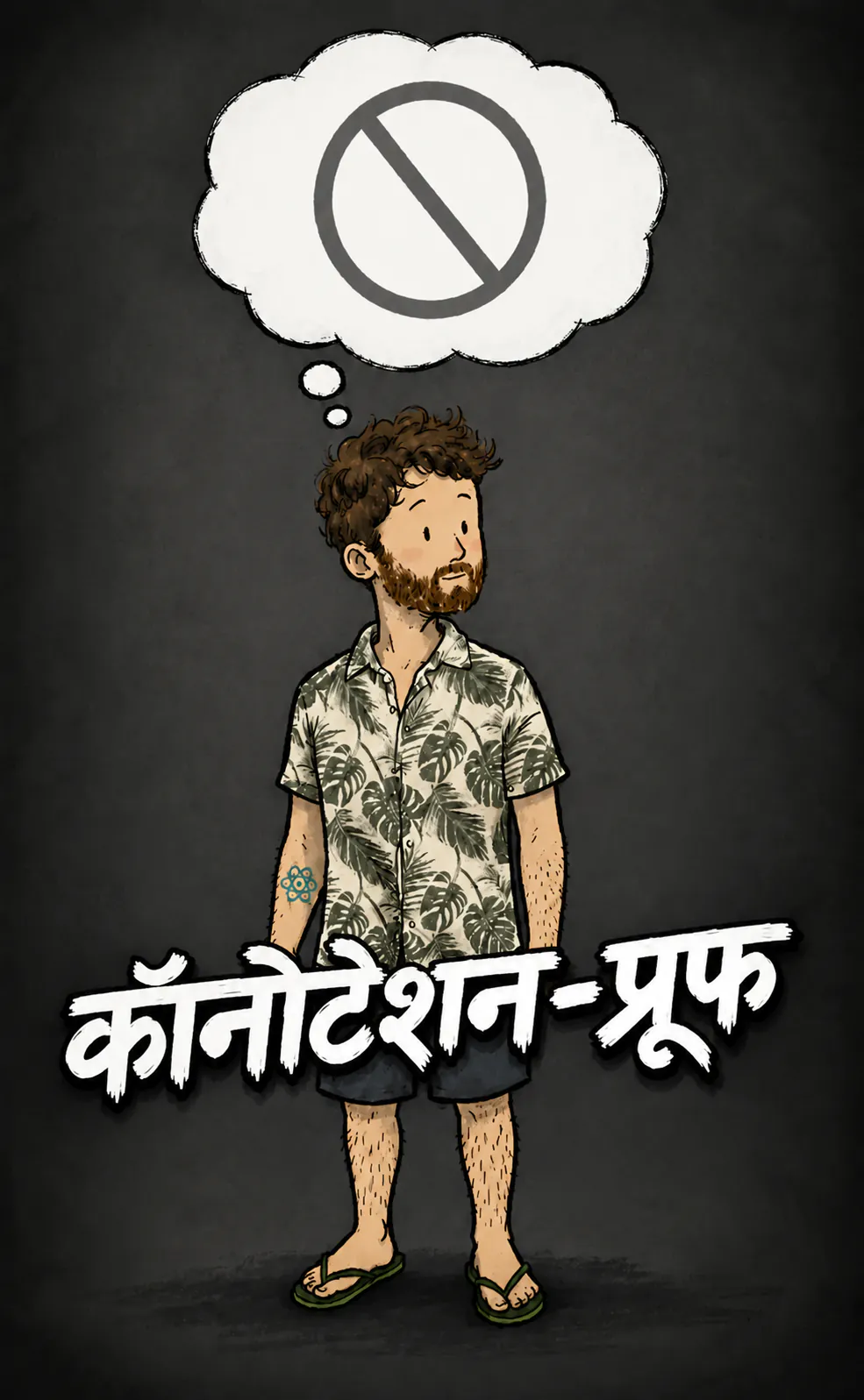 गहरे ग्रे बैकग्राउंड पर किरदार खड़ा है, चेहरा बिलकुल न्यूट्रल, उसके ऊपर एक सोच वाला बबल है जिसमें सिर्फ़ एक प्रोहिबिशन साइन है, एक खाली, तिरछी लाइन वाला घेरा। नीचे टाइटल है « Connotation-proof »