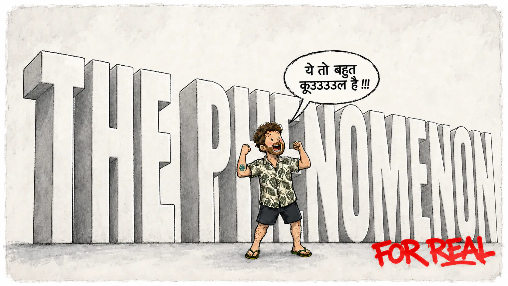डेविड, फूलों वाली शर्ट में, विशाल « GANGSTALKING » अक्षरों के सामने मुट्ठियाँ उठाए खड़ा है, साथ में « FOR REAL » लिखा है और एक बबल में « ये बहुत कूऊल है !!! »