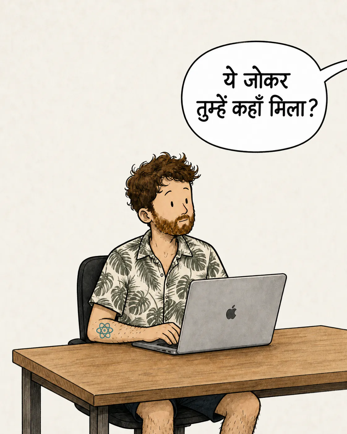 लकड़ी की मेज़ पर लैपटॉप के सामने बैठा किरदार ऊपर देखता है, एक बबल की तरफ़ जो पूछता है « ये ज़िगोटो तुम लोगों को मिला कहाँ से? »