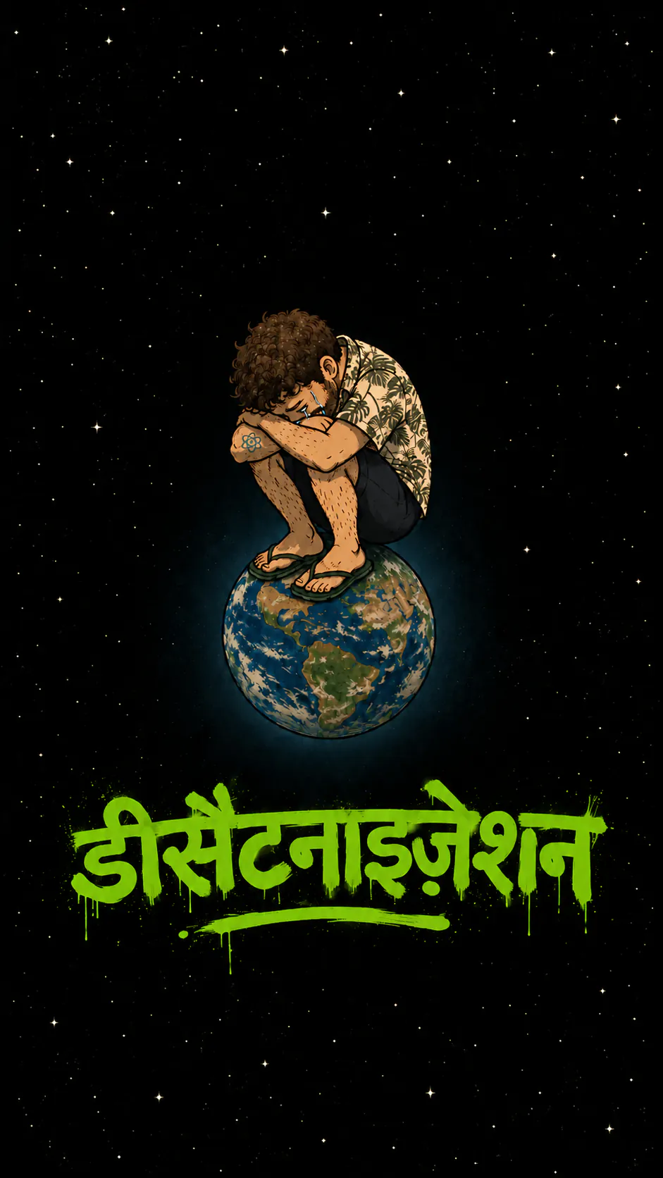 गोला बनकर सिमटा हुआ, रोता हुआ किरदार तारों भरे अंतरिक्ष में धरती के ऊपर बैठा है। नीचे हरे स्प्रे पेंट में लिखा है, « LA DÉSATANISATION »