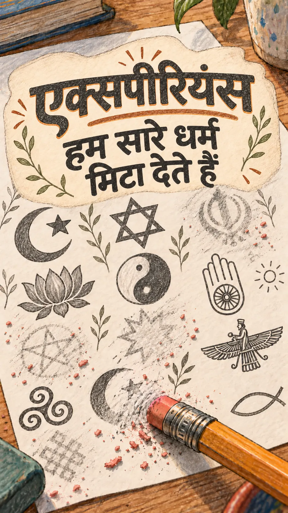 ग्रेफाइट से बने धार्मिक निशानों से ढकी एक शीट, जिनमें से कई को पेंसिल के रबर से मिटाया जा रहा है, नीचे टाइटल है « Experience, सारी रिलिजन्स मिटा देते हैं »
