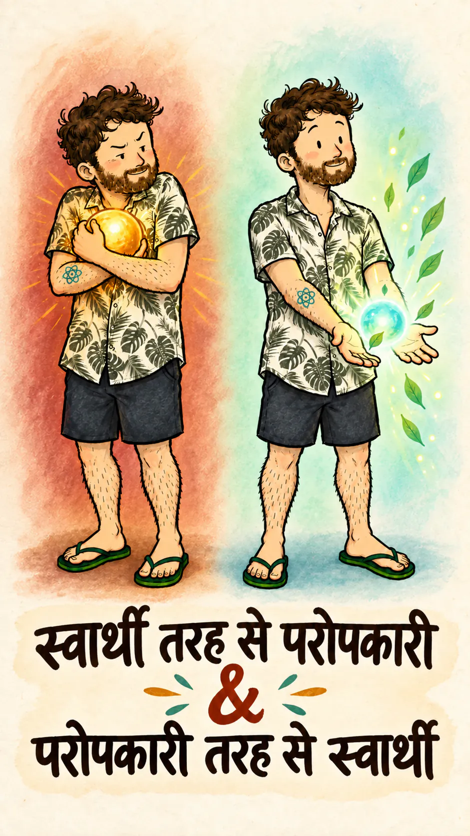 एक ही किरदार के दो वर्ज़न्स, एक सेल्फिशनेस और दूसरा अल्ट्रुइज़्म दिखाते हैं, नीचे वाले हिस्से में तीन लाइनों का टाइटल है