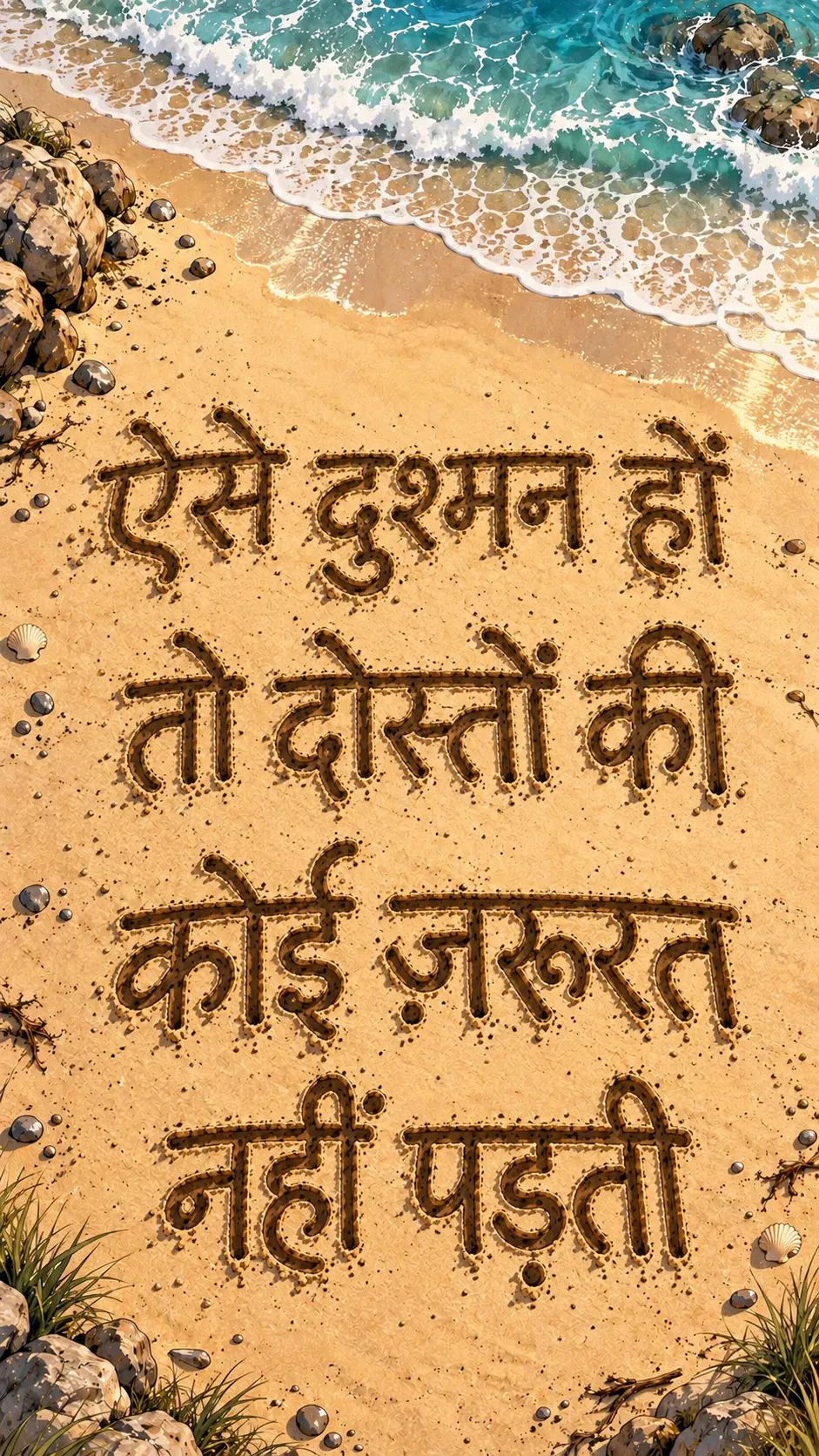 बीच का ऊपर से दिखता नज़ारा, जहाँ रेत में लिखा है « ऐसे दुश्मन हों तो दोस्तों की ज़रूरत नहीं »