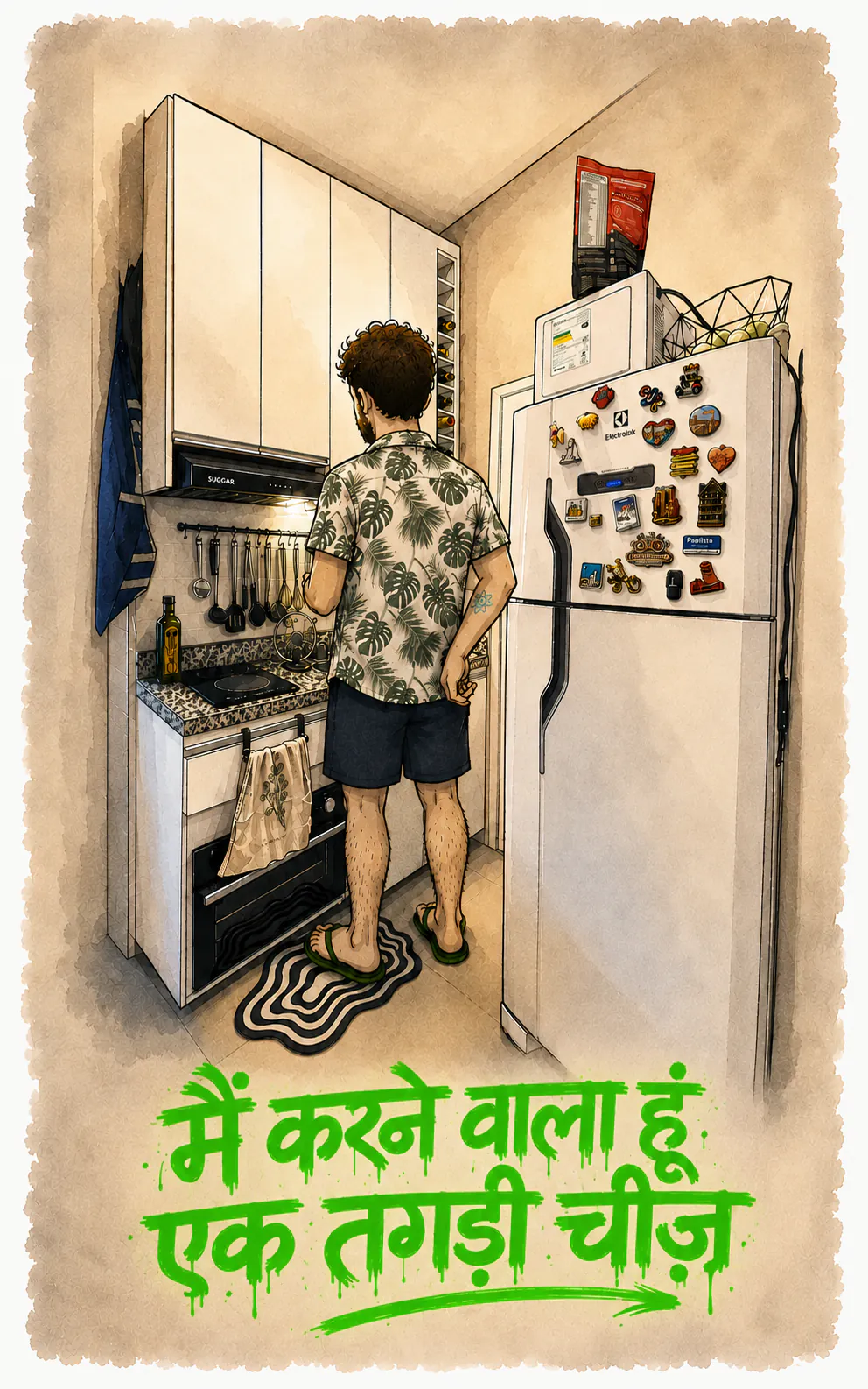 पीछे से, अपनी छोटी-सी रसोई में चूल्हे के सामने खड़ा किरदार हरे स्प्रे पेंट में ऐलान करता है, « JE VAIS FAIRE UNE DINGUERIE »