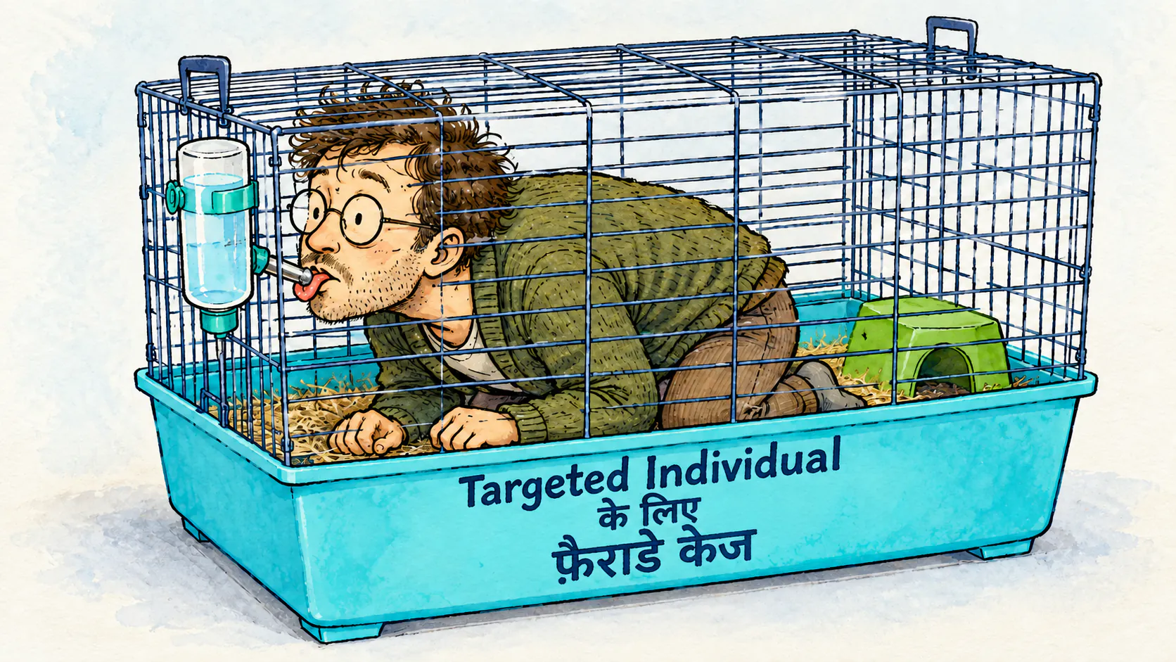 नर्डी और कॉन्स्पिरेसी-टाइप लुक वाला एक आदमी एक पिंजरे में बंद है, उसके पास एक बेबी बोतल है और वह पीने के लिए धातु की गोली चाट रहा है। नीचे के बेस पर लिखा है « Cage Faraday pour Targeted Individual ». 
