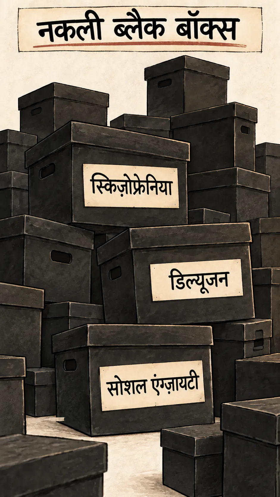काली पेटियों का ढेर, जिनमें से तीन पर « Schizophrénie », « Délire » और « Anxiété sociale » के लेबल लगे हैं, टाइटल « Les fausses boites noires » के नीचे