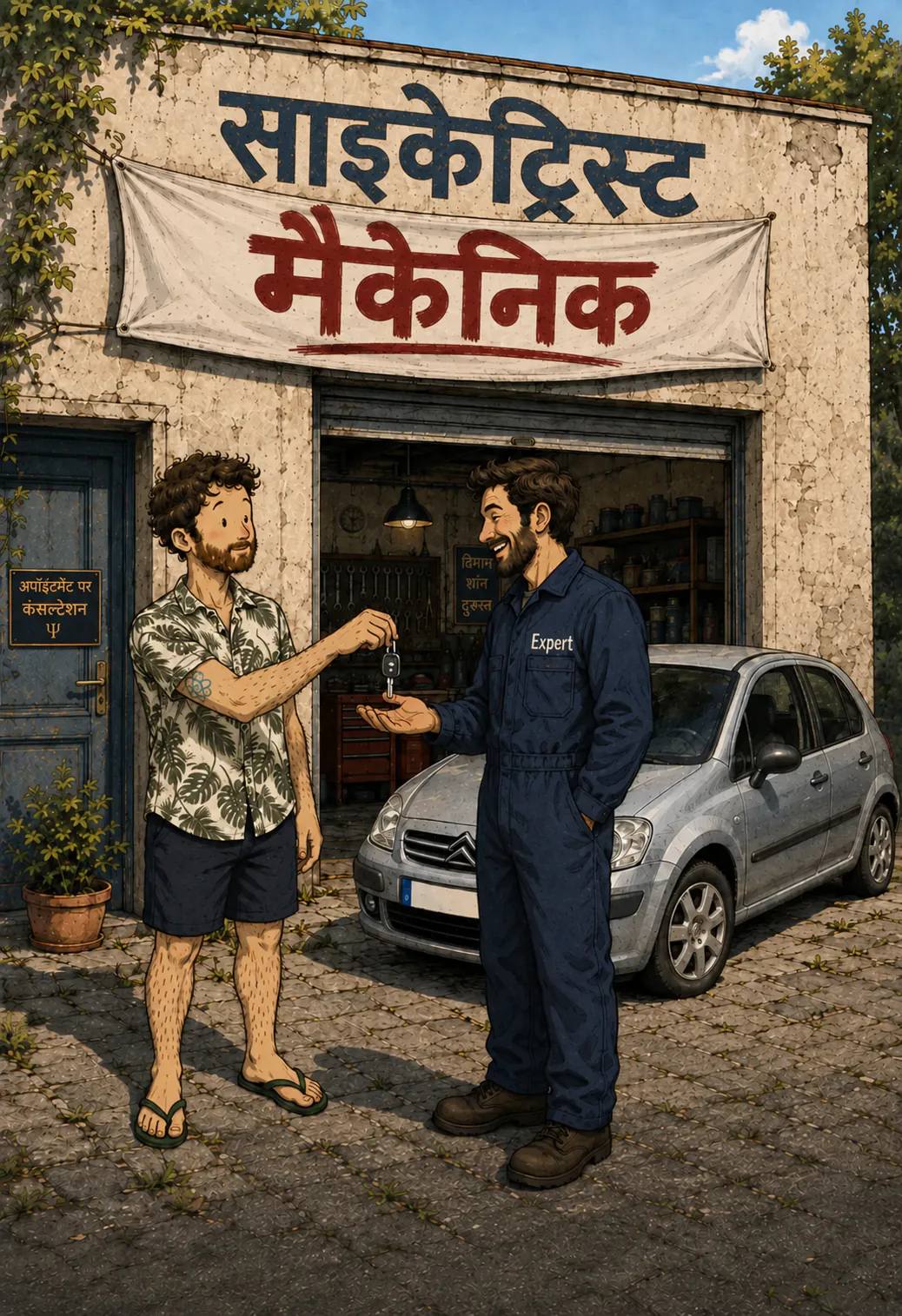 एक गैराज की दीवार पर पेंट किया हुआ बोर्ड « PSYCHIATRE » लाल बैनर « GARAGISTE » से ढका हुआ है, जिसे ओवरऑल पहना मैकेनिक अपनी सीढ़ी पर खड़े-खड़े आखिरी बार कस रहा है, और उसका ग्राहक बगल में गाड़ी के पास खड़ा ये सब देख रहा है। नीचे पेंट किया हुआ टाइटल « L'analogie du garagiste »