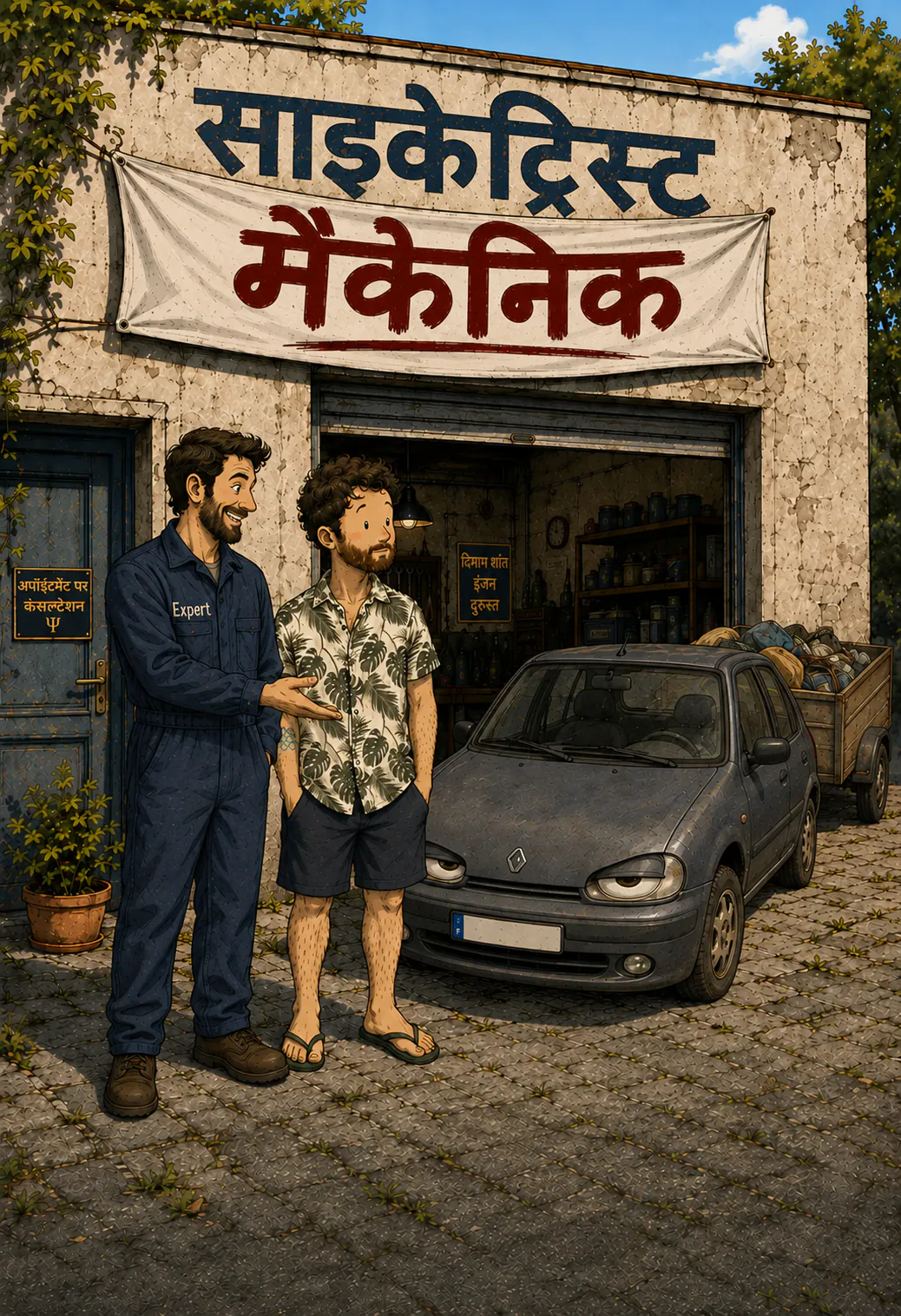 एक गैराज की दीवार पर पेंट किया हुआ बोर्ड « PSYCHIATRE » लाल बैनर « GARAGISTE » से ढका हुआ है, जिसे ओवरऑल पहना मैकेनिक अपनी सीढ़ी पर खड़े-खड़े आखिरी बार कस रहा है, और उसका ग्राहक बगल में गाड़ी के पास खड़ा ये सब देख रहा है। नीचे पेंट किया हुआ टाइटल « L'analogie du garagiste »