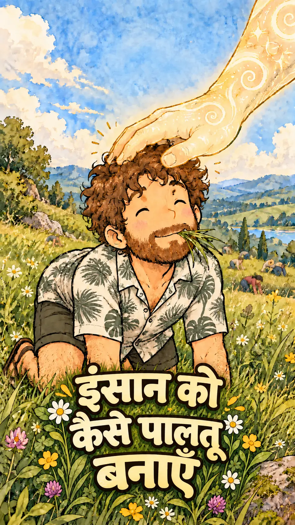 डेविड एक घास के मैदान में चारों हाथ-पैरों पर घास चर रहा है, जबकि एक बड़ी गैर-मानवीय हथेली उसके सिर पर प्यार से हाथ फेर रही है। दूर कई और इंसान भी घास चर रहे हैं।
