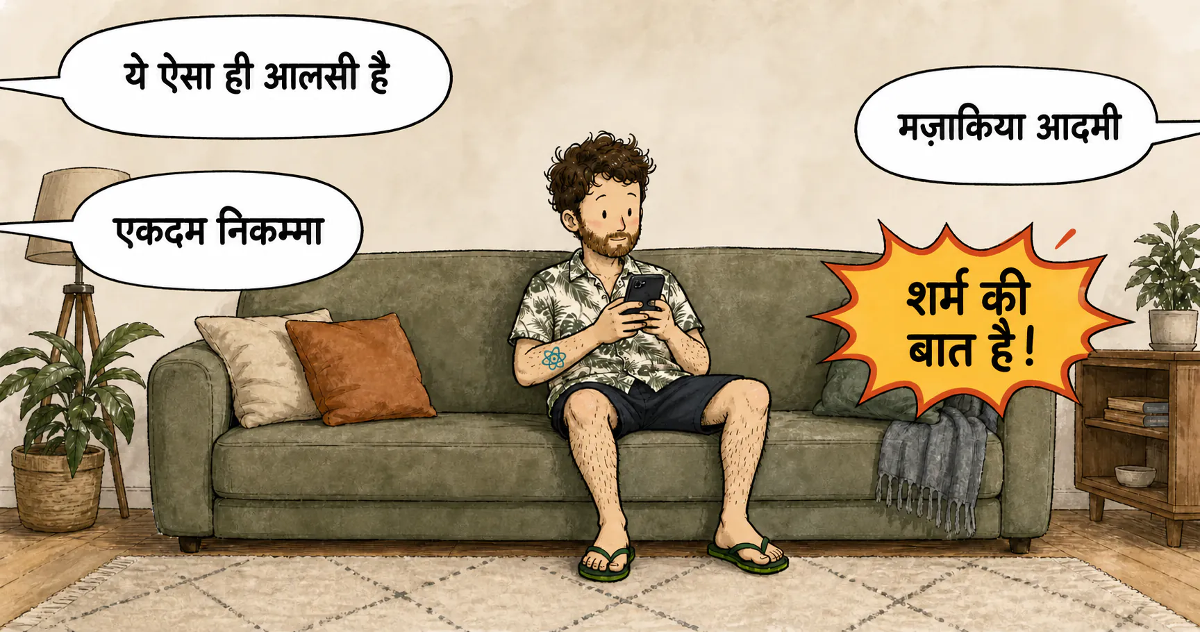 हाथ से बनाई गई लैंडस्केप इलस्ट्रेशन: डेविड, अकेला और सोफ़े पर ढहा हुआ, अपना फ़ोन स्क्रोल कर रहा है, जबकि चार स्पीच बबल फ़्रेम के बाहर से आ रहे हैं।