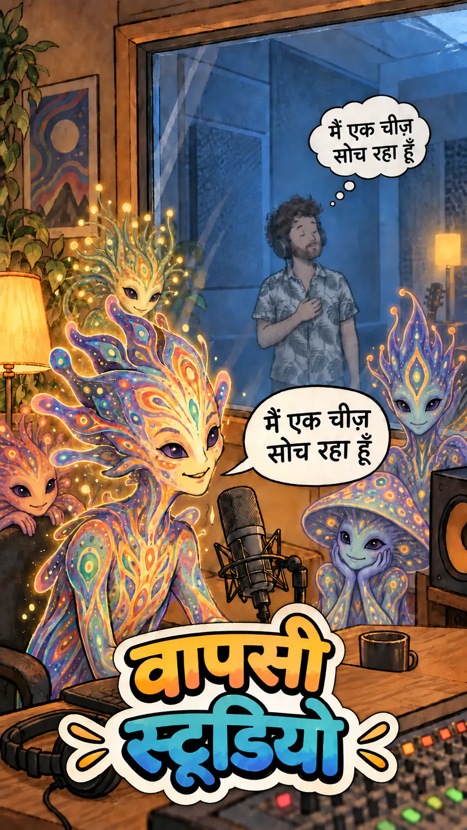 एक DMT एंटिटी स्टूडियो में माइक्रोफोन के सामने बोल रही है, जबकि हल्का नीला दिखता डेविड शीशे के पीछे हेडफोन लगाकर सुन रहा है, और नीचे टाइटल « Le retour studio » दिख रहा है