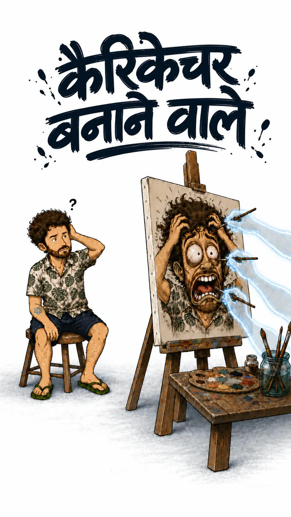 एक स्टूल पर बैठा, सिर के ऊपर सवालिया निशान, किरदार ईज़ल पर रखी एक पेंटिंग को देख रहा है: उसका कैरिकेचर पोर्ट्रेट, चीखता हुआ और बदहवास, जिसे नीले और पारदर्शी हाथ अब भी पेंट कर रहे हैं