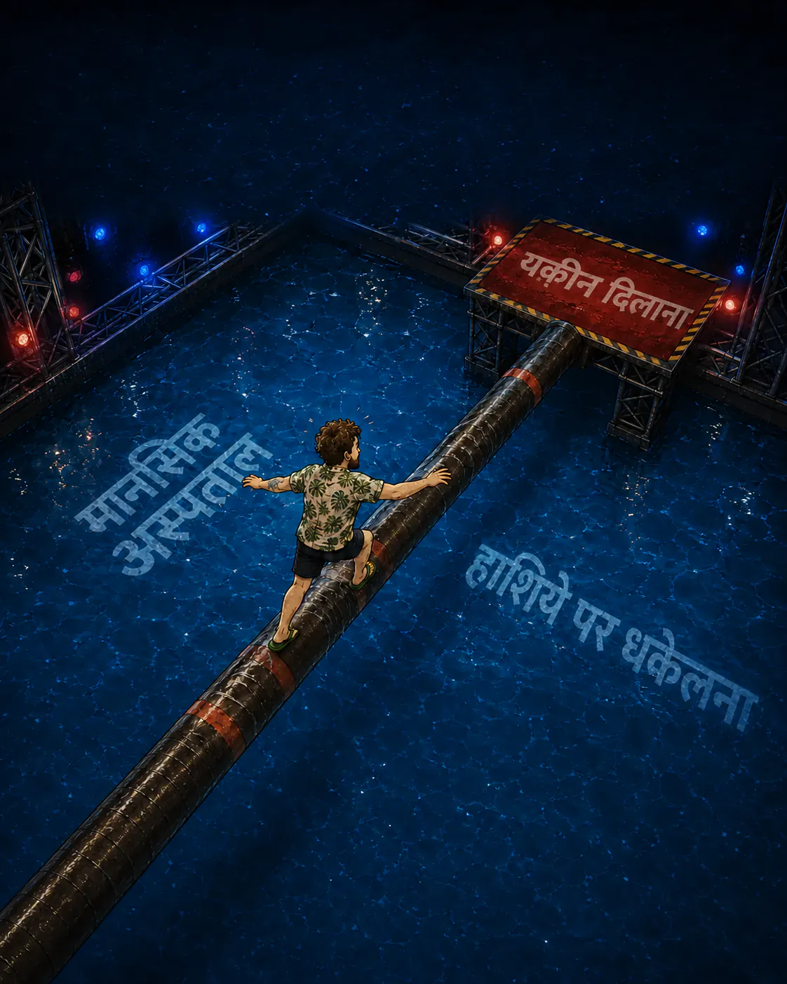 ऊपर से देखा गया, किरदार चारों हाथ-पैरों पर एक लकड़ी के लट्ठे को पार कर रहा है, एक टीवी गेम शो के पूल के ऊपर। पानी में बाईं तरफ़ « HÔPITAL PSYCHIATRIQUE », दाईं तरफ़ « MARGINALISATION », और आखिर में लाल प्लेटफ़ॉर्म पर « CONVAINCRE »