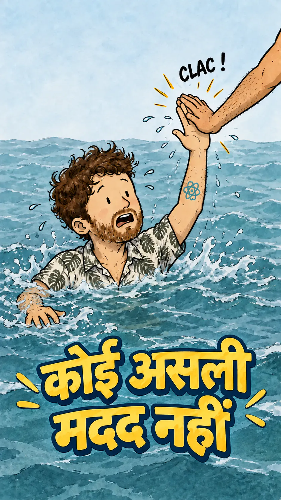 डेविड डूब रहा है और मदद माँगने के लिए हाथ उठाता है, लेकिन फ्रेम के बाहर से आई एक हाथ उसे बचाने की जगह बस हाई-फाइव दे देती है।