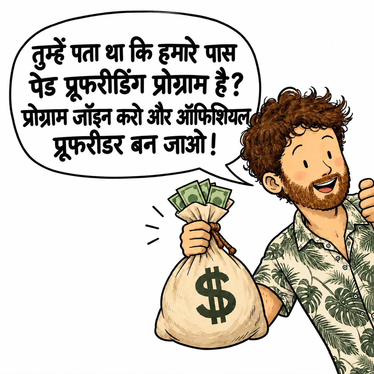 मुस्कुराता हुआ डेविड पैसों से भरा थैला पकड़े है: “तुम्हें पता था कि हमारे पास पेड प्रूफरीडिंग प्रोग्राम है? प्रोग्राम जॉइन करो और ऑफिशियल प्रूफरीडर बन जाओ!”
