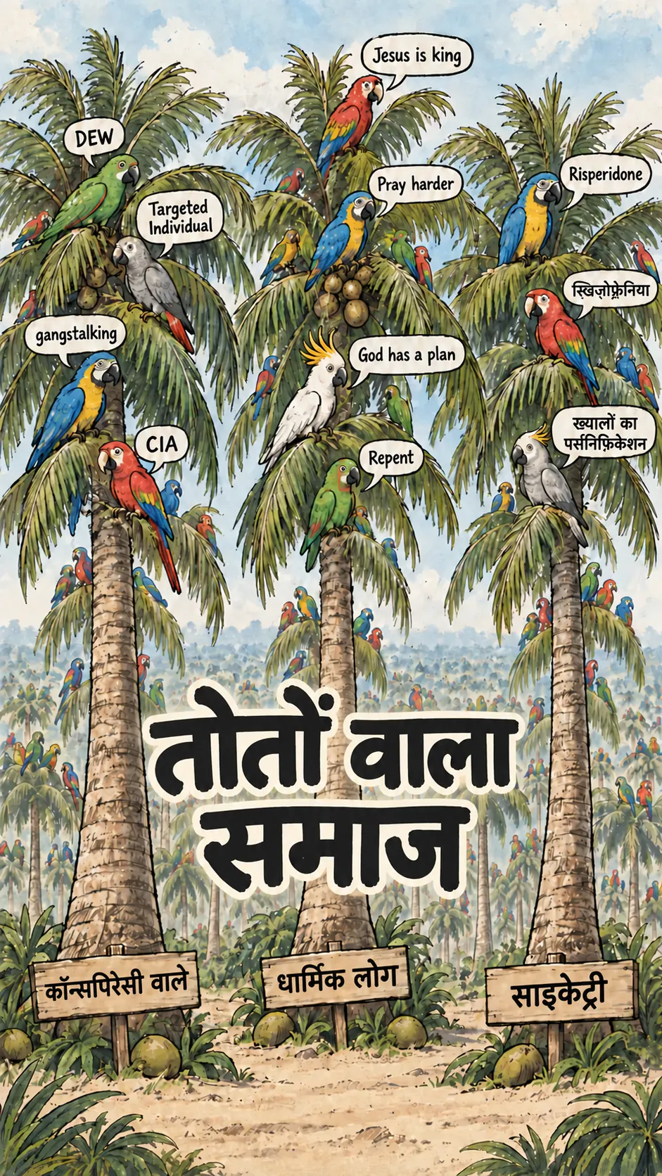 तीन नारियल के पेड़ों पर बैठे तोते साज़िशी, धार्मिक और साइकेट्रिक बातें दोहरा रहे हैं, और उनके पीछे नारियल के पेड़ों का अनंत जंगल फैला है।