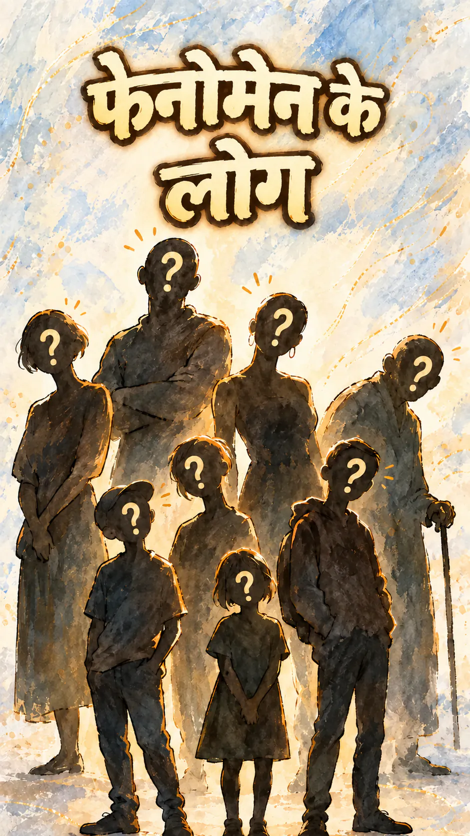 बड़ों, टीन्स और बच्चों की वर्टिकल illustration, जिनके चेहरों की जगह क्वेश्चन मार्क है