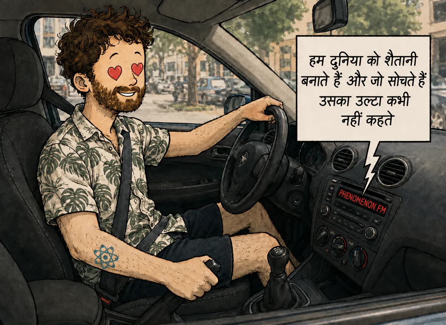किरदार मुस्कुराते हुए गाड़ी चला रहा है, उसकी आँखों की जगह लाल दिल बने हैं; कार रेडियो से बिजली जैसी एक बबल निकलती है, « PHENOMENON FM », और ऐलान करती है, « हम दुनिया को सैटनाइज़ करते हैं और जो सोचते हैं उसका उल्टा कभी नहीं कहते »