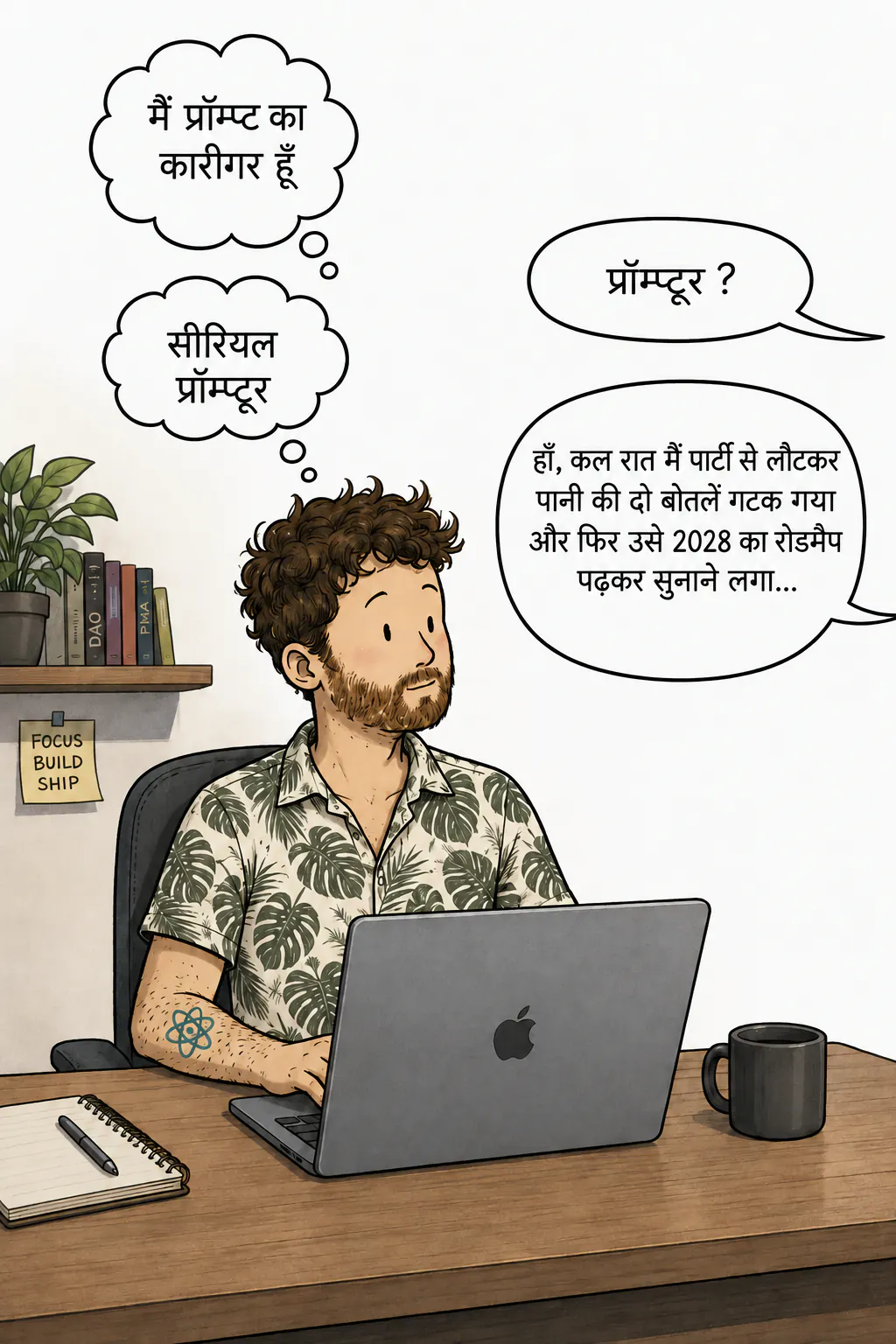 अपने डेस्क पर लैपटॉप के सामने, किरदार सोचता है « मैं प्रॉम्प्ट का कारीगर हूँ », फिर « सीरियल प्रॉम्प्टबाज़ », तभी फ्रेम के बाहर से एक आवाज़ पूछती है « प्रॉम्प्टबाज़? » और वो जवाब देता है कि पार्टी से लौटते ही उसने अपने कंप्यूटर पर 2028 की रोडमैप पढ़ ली थी