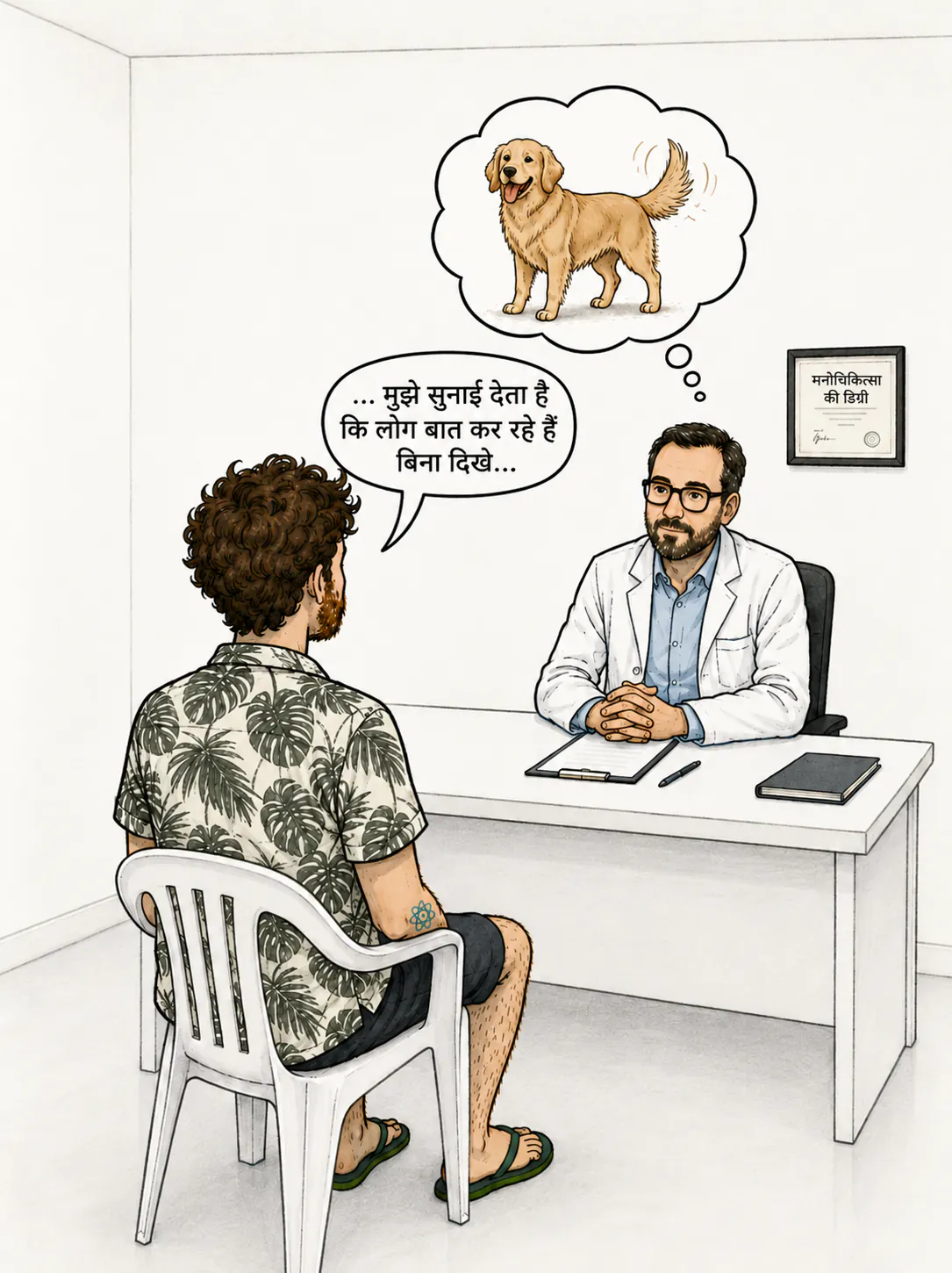 एक क्लिनिक में, पीछे से दिखता एक पेशेंट पैटर्न्ड शर्ट पहने हुए कह रहा है, « … मैं लोगों को बोलते हुए सुनता हूँ, बिना उन्हें देखे… », सफ़ेद कोट पहने साइकेट्रिस्ट अपने डेस्क के पीछे बैठा है, साइकियाट्री डिप्लोमा के नीचे; साइकेट्रिस्ट के सिर के ऊपर थॉट बबल में एक गोल्डन रिट्रीवर अपनी पूंछ हिलाता हुआ दिखता है