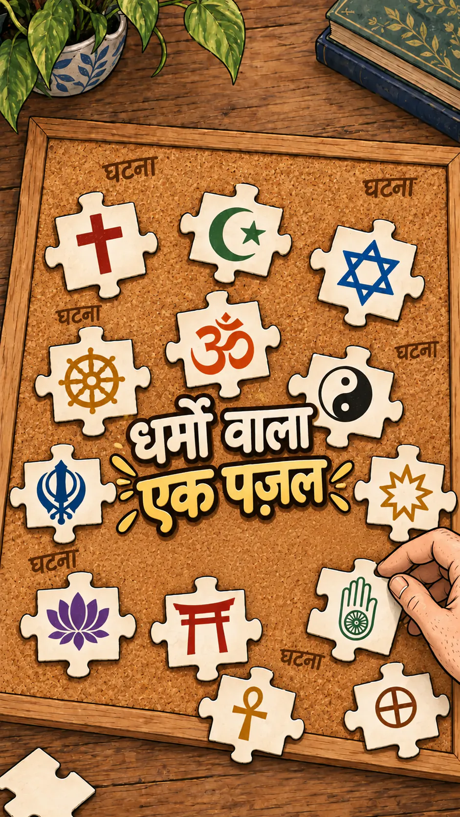 कॉर्क बोर्ड पर रखा एक पज़ल, जिसमें धर्मों के सिंबल हैं