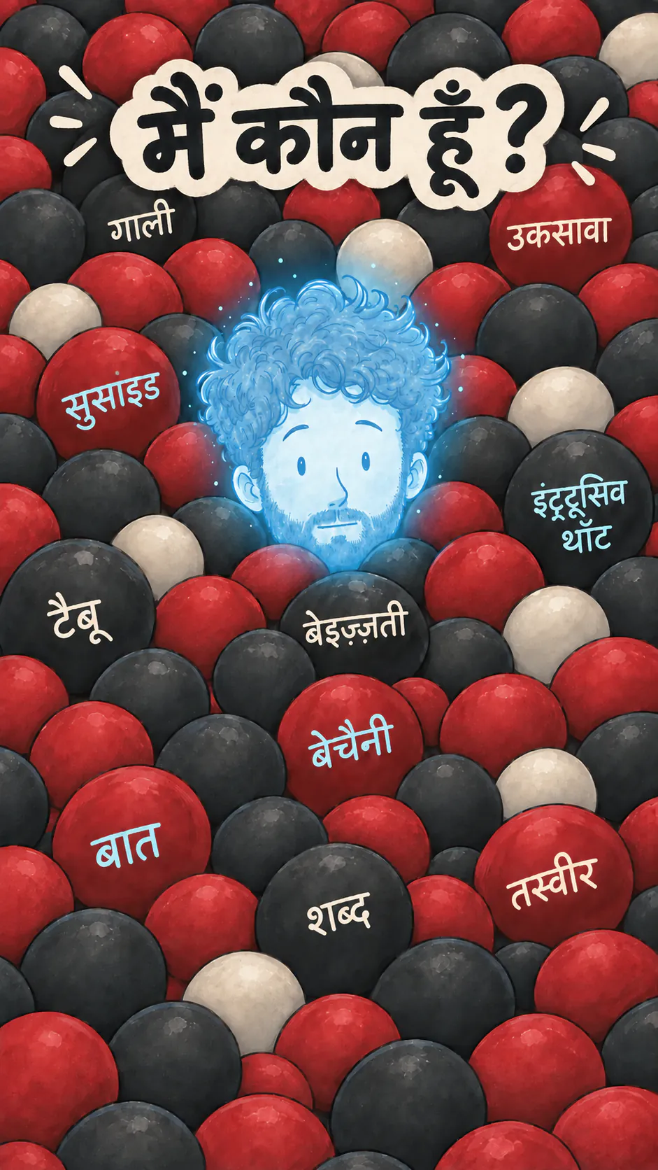 स्पिरिट डेविड, हल्का पारदर्शी और नीला-सा, काले और लाल गोले, जिन पर शब्द लिखे हैं, उनके अनंत समंदर के बीच कैमरे की तरफ देख रहा है, ऊपर टाइटल « मैं कौन हूँ? » के साथ।
