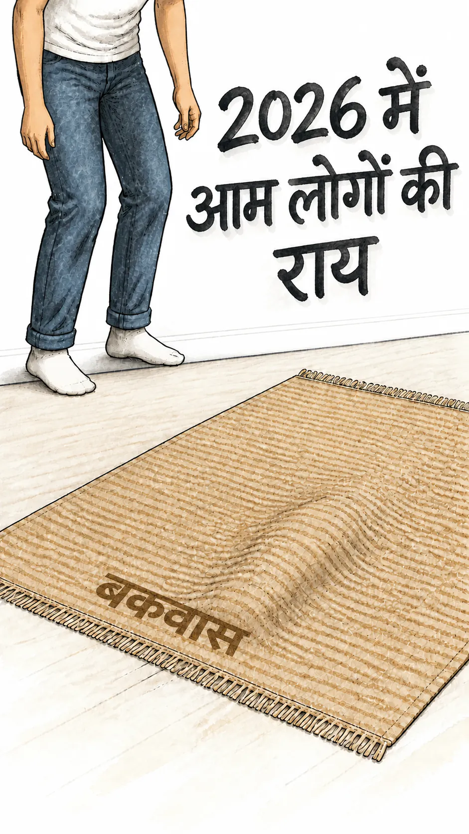 एक आदमी कालीन उठाता है, जिसके नीचे एक छोटा किरदार छिपा है, और हैंडरिटन टाइटल कहता है « L'opinion de monsieur tout le monde en 2026 »