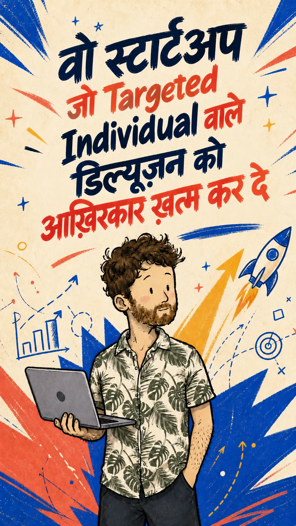 डेविड एक रंगीन पोस्टर के सामने लैपटॉप पकड़े हुए है, जिसमें Targeted Individual स्टार्टअप दिखाई गई है।