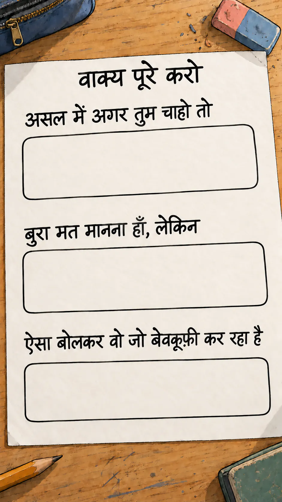 स्कूल की डेस्क पर रखी एक एक्सरसाइज़ शीट, जिस पर टाइटल « Textes à compléter » है, नीचे बड़े अक्षरों में तीन वाक्य और आगे लिखने के लिए तीन खाली बॉक्स