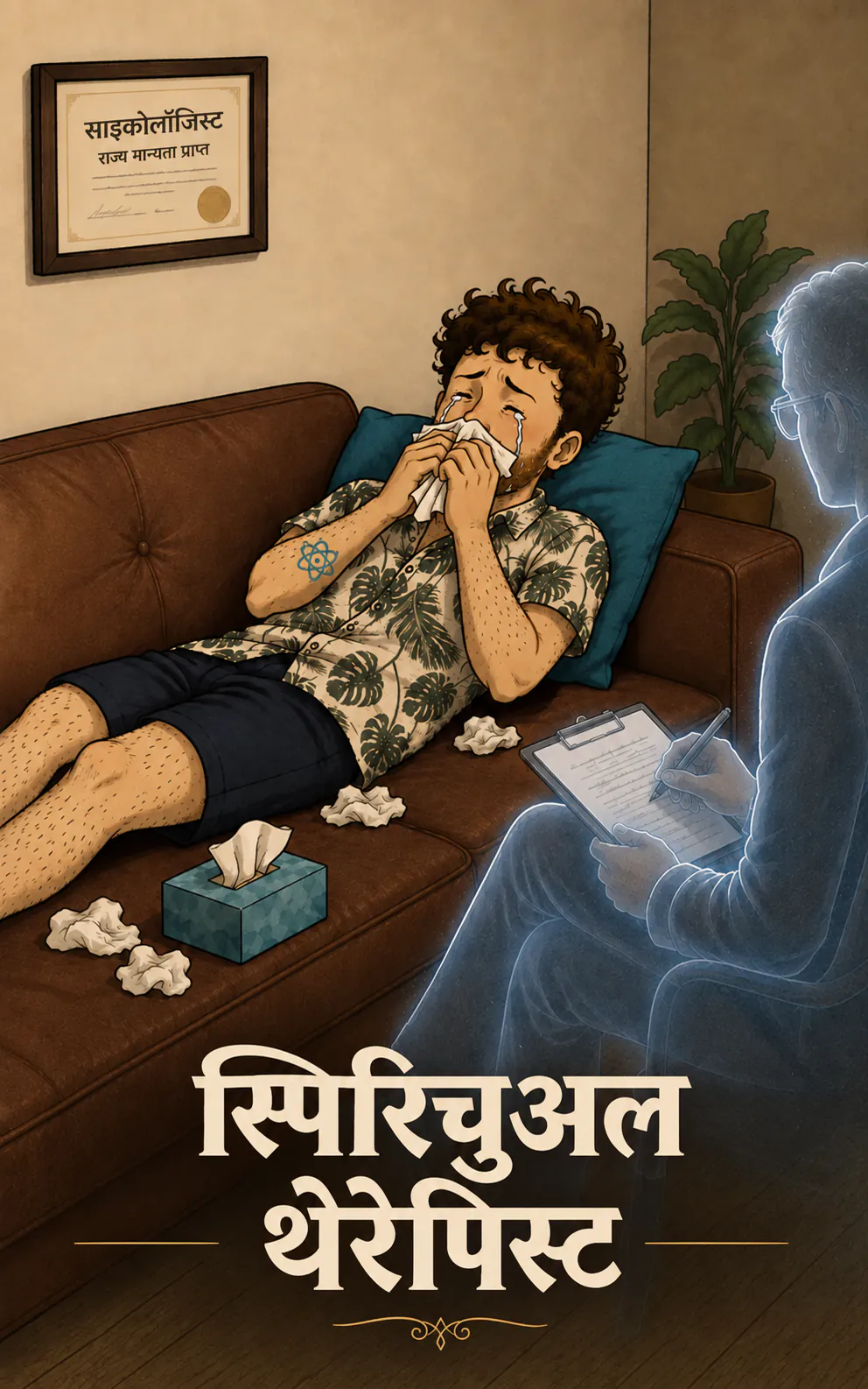 किसी क्लिनिक के सोफ़े पर लेटा किरदार रूमाल में रो रहा है, उसके आसपास कागज़ की मरोड़ी हुई गोलियाँ पड़ी हैं, जबकि एक पारदर्शी थेरेपिस्ट नोट्स ले रहा है। दीवार पर « PSYCHOLOGUE » लिखा हुआ डिप्लोमा टंगा है। नीचे टाइटल « Les thérapeutes spirituels »