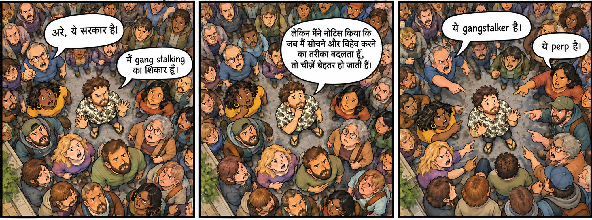 तीन पैनल की कॉमिक, जिसमें भीड़ के बीच एक आदमी दिखता है: पहले वह कहता है कि वह गैंगस्टॉकिंग का शिकार है, फिर बताता है कि जब वह अपने सोचने और बर्ताव करने का तरीका बदलता है तो चीज़ें बेहतर हो जाती हैं। आखिरी पैनल में दो लोग उसे गैंगस्टॉकर और पर्प कहकर दिखा रहे हैं।