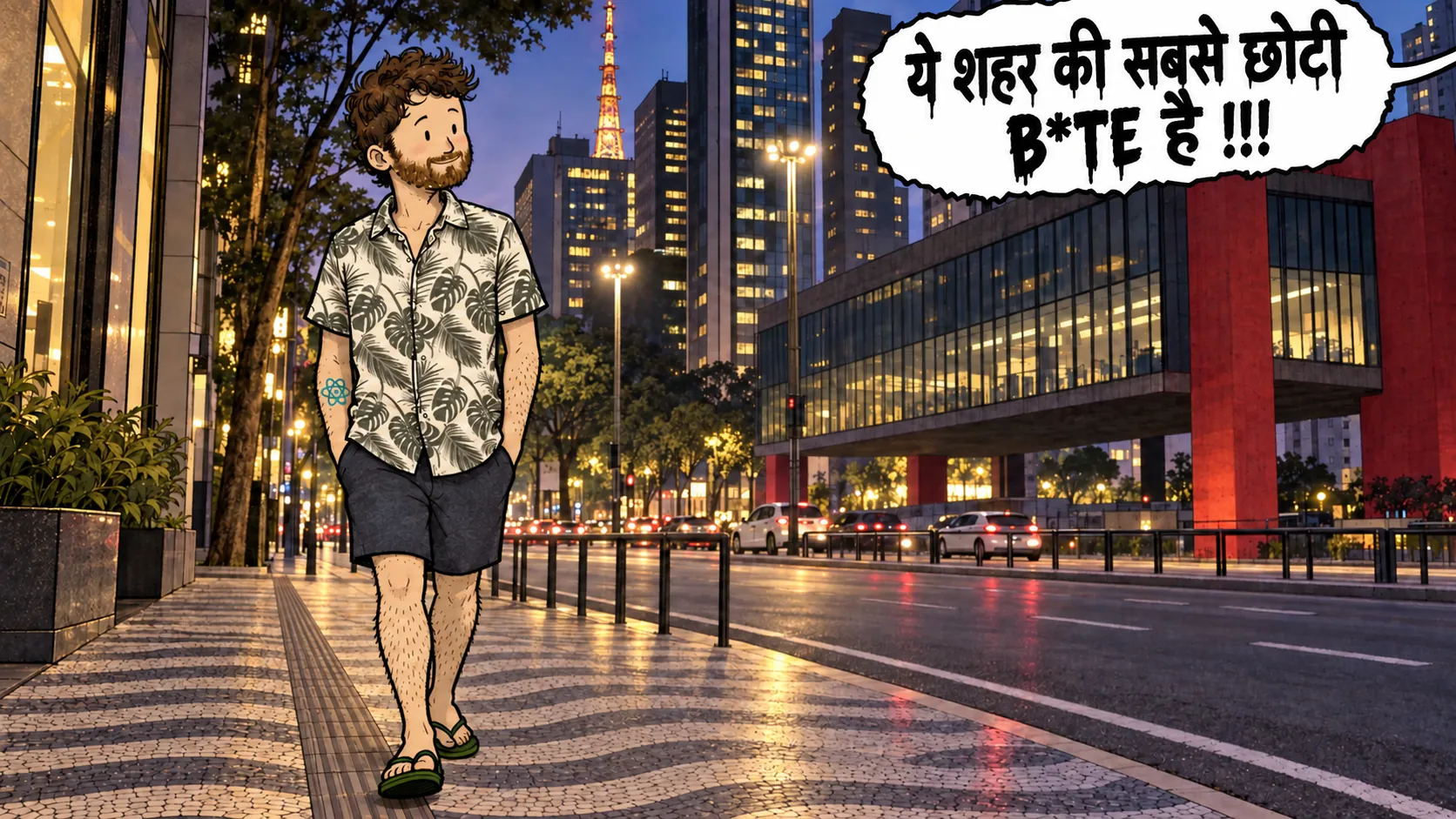 डेविड रात में São Paulo की avenida Paulista पर चल रहा है, फ्रेम के बाहर से एक सेंसर की हुई स्पीच बबल आ रही है