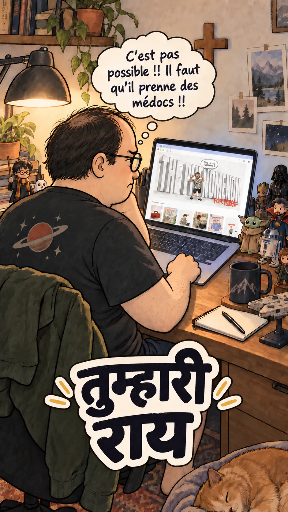 एक आदमी फ़िग्यूरिन्स से घिरे कंप्यूटर के सामने बैठा झुंझलाहट में सोच रहा है, नीचे टाइटल « तुम्हारे रिएक्शन्स »