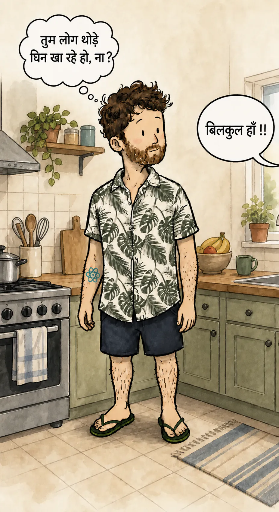 रोशन किचन के बीचोंबीच खड़ा किरदार, फूलों वाली शर्ट और चप्पल पहने, तिरछी नज़र से देख रहा है। ऊपर बाईं तरफ़ एक सोच वाला बबल कहता है « तुम लोग थोड़ा घिन खा रहे हो न? », और दाईं तरफ़ फ्रेम के बाहर से एक स्पीच बबल जवाब देता है « हाँ, सही बात है !! »