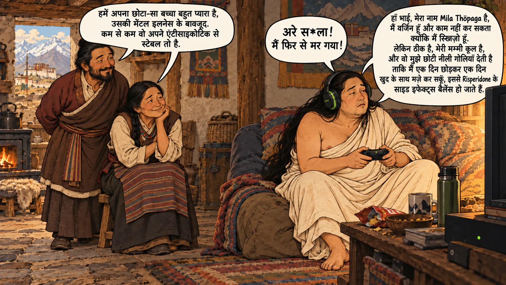 योगी मिलारेपा, ज़्यादा भारी-भरकम और पीला, गेमर हेडसेट पहनकर टीवी के सामने कंसोल खेल रहा है, जबकि उसके मुस्कुराते माता-पिता उसे देख रहे हैं।