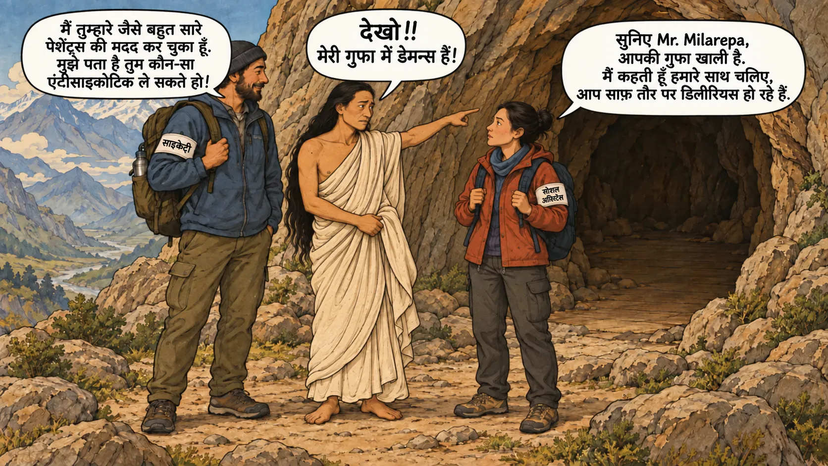 योगी मिलारेपा खाली गुफा के अंदर की तरफ इशारा कर रहा है, जबकि « PSYCHIATRIE » और « ASSISTANCE SOCIALE » वाले आर्मबैंड पहने दो मॉडर्न वॉलंटियर्स उससे बात कर रहे हैं।
