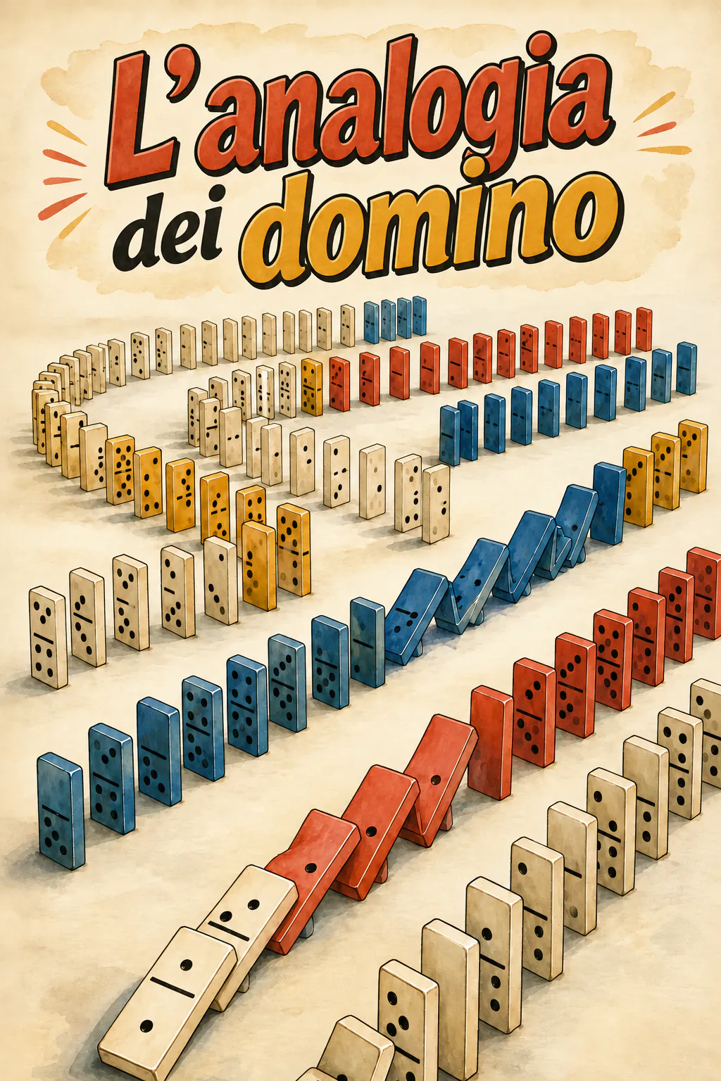 Diverse file di tessere del domino in piedi su uno sfondo color crema, con una reazione a catena che parte in primo piano. In alto, il titolo dipinto « L'analogia dei domino »