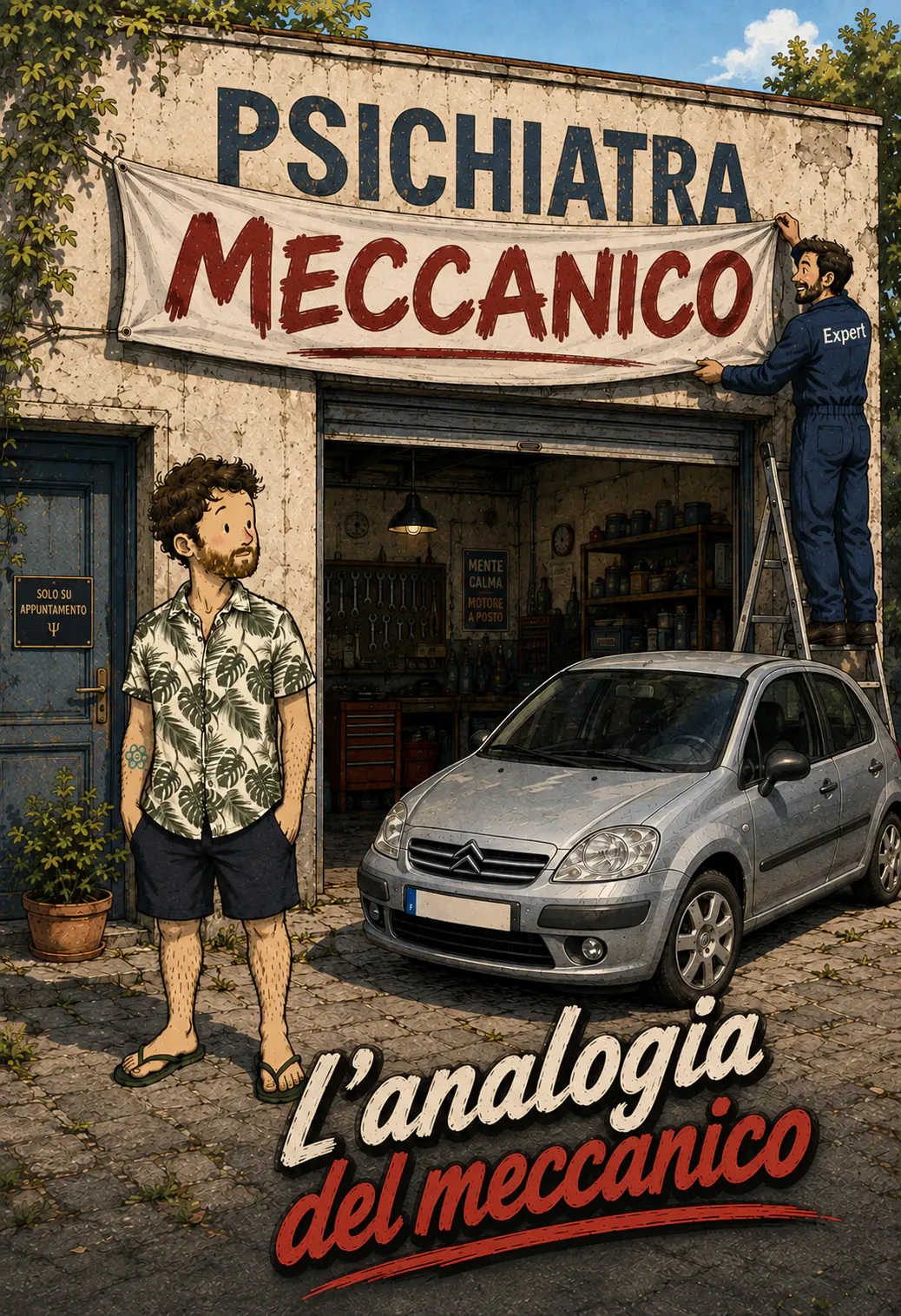 Sul muro di un garage, l'insegna dipinta « PSICHIATRA » è coperta da uno striscione rosso « GARAGISTA », che il garagista in tuta sta finendo di tendere dalla sua scaletta; il cliente lo guarda fare, accanto a una macchina. In basso, il titolo dipinto « L'analogie du garagiste »