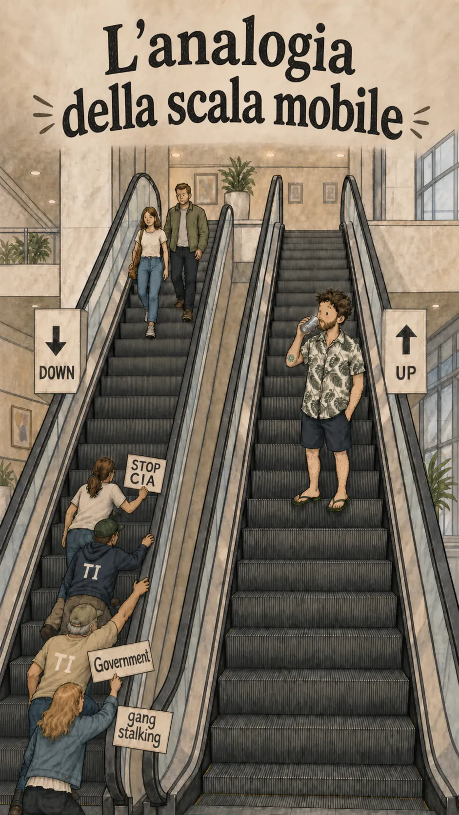 Due scale mobili una accanto all'altra: un gruppo di manifestanti sale a fatica contromano su quella di sinistra, mentre David beve un bicchiere d'acqua a metà altezza su quella di destra. In alto, il titolo « L'analogia della scala mobile »