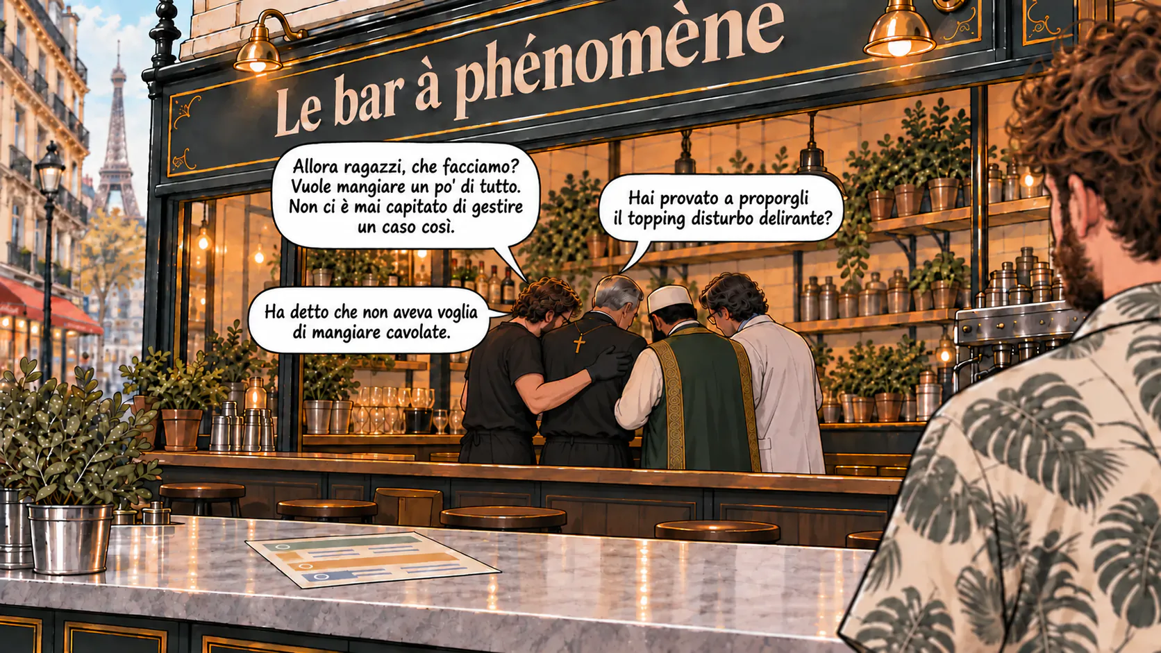 I dipendenti del bar del fenomeno si consultano discretamente in fondo al locale