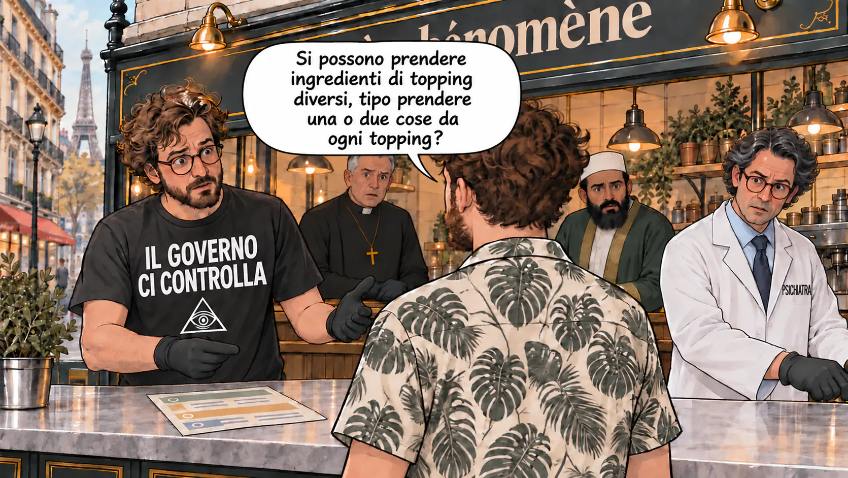 I dipendenti del bar del fenomeno reagiscono alla domanda del personaggio principale